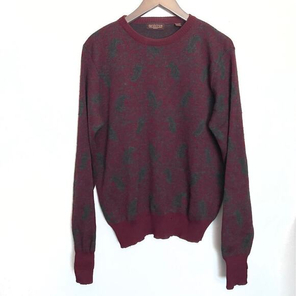 Vintage Nordstrom Wool Sweater Mens Merino Medium Burgundy Paisley Dad Crew - Picture 1 of 7